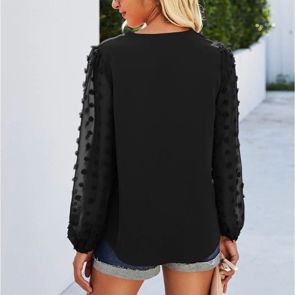 Anna-Kaci Chiffon Swiss Dot Long Sleeve Open Blouse in Black Size Medium